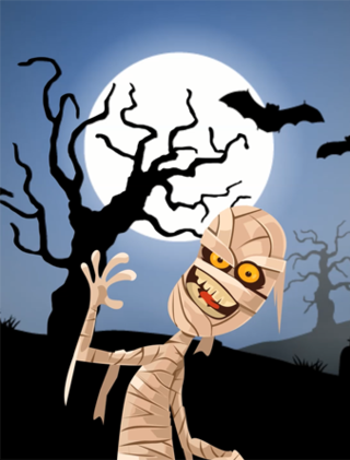 Escena de Halloween con una momia frente a la luna y un árbol negro