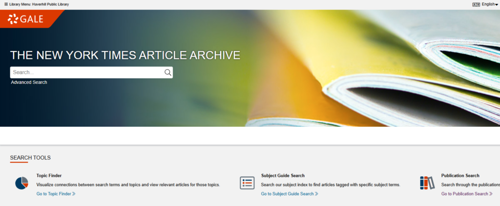 Landing page of Gale's New York Times Article Archive. Includes a basic search bar and a link to access advanced search. The bottom of the page has a bar that says "Search Tools," and includes links to Topic Finder, Subject Guide Search, and Publication Search.