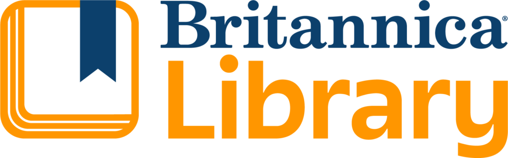 Britannica Library logo. Includes the word "Britannica" in blue text and the word "Library" in orange text. To the left of the name is a small box that resembles a book with a ribbon bookmark hanging out of it.